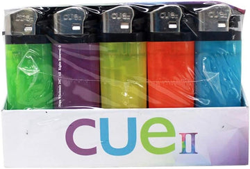 CUE II Classic Lighters, Assorted Colors, Regular Size, Long Lasting, 50-Count Tray
